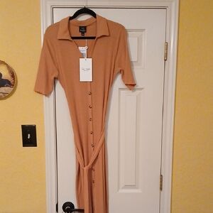 Button-Front Maxi Dress with Tie Waist in Camel